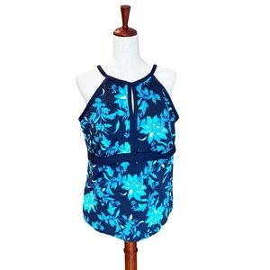 Lands End Swim Tankini Top Adjustable High Neck Floral Blues Size 18